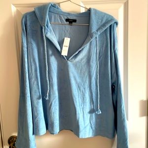 NWT J Crew Towel terry open V-neck cropped hoodie Size L hydrangea blue